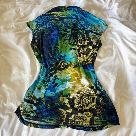 Y2K CACHE Abstract Snake Print Ruched V-Neck Babydoll Tee Stretch Eclectic Small - Picture 5 of 7